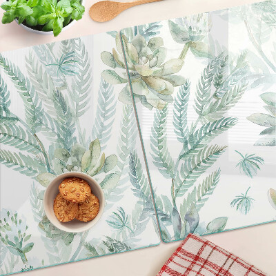 Tagliere in vetro temperato con stampa di piante succulente e foglie