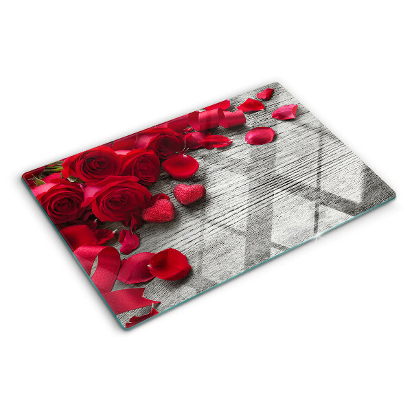 Tagliere in vetro con motivo di rose e petali a forma di cuore