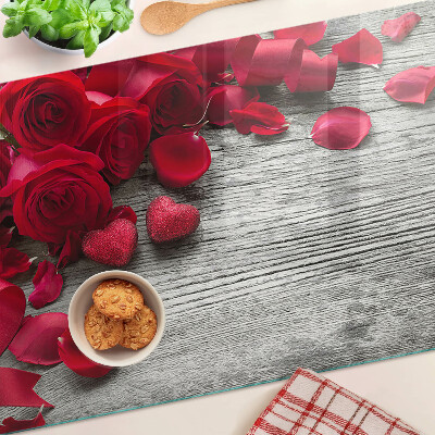 Tagliere in vetro con motivo di rose e petali a forma di cuore