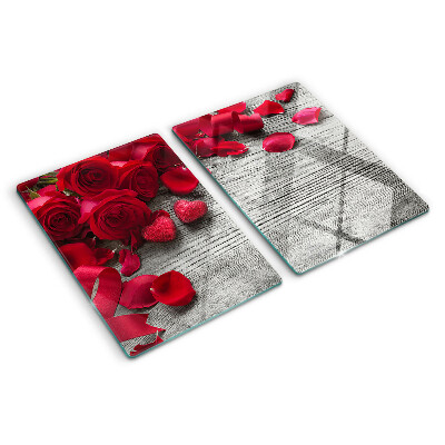 Tagliere in vetro con motivo di rose e petali a forma di cuore