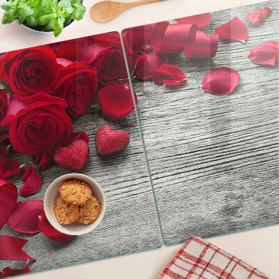 Tagliere in vetro con motivo di rose e petali a forma di cuore