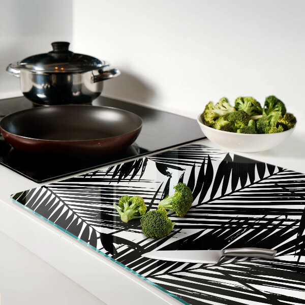 Tagliere in vetro temperato con motivo di foglie di palma in bianco e nero