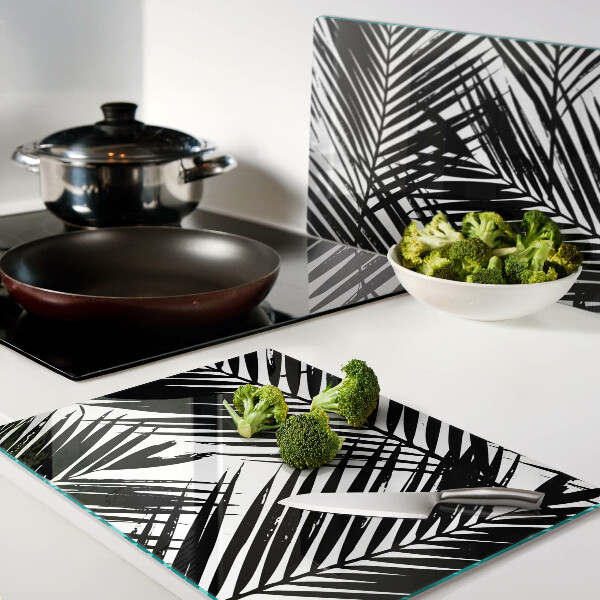 Tagliere in vetro temperato con motivo di foglie di palma in bianco e nero