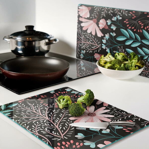 Tagliere in vetro temperato con motivo floreale su sfondo scuro