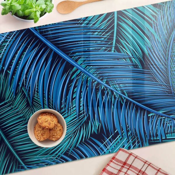 Tagliere in vetro temperato con decorazione a foglie di palma nei toni del blu