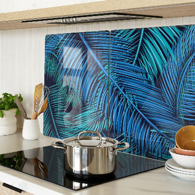 Tagliere in vetro temperato con decorazione a foglie di palma nei toni del blu