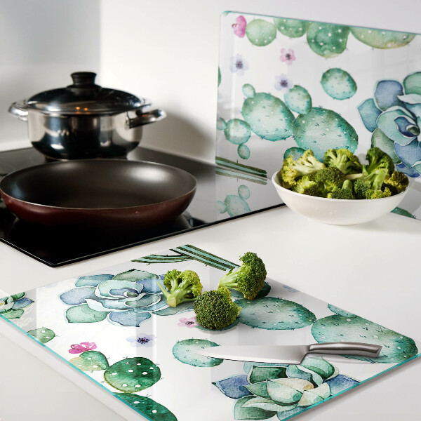 Tagliere in vetro con motivo di cactus e succulente