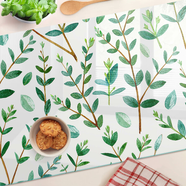 Tagliere in vetro temperato con motivo di foglie e rami in verde