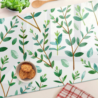 Tagliere in vetro temperato con motivo di foglie e rami in verde