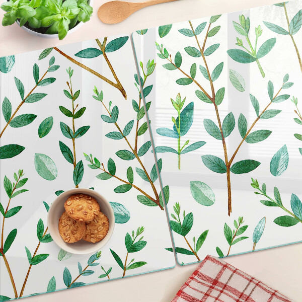 Tagliere in vetro temperato con motivo di foglie e rami in verde