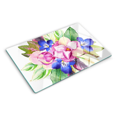 Tagliere in vetro temperato con motivo floreale con fiori rosa e blu