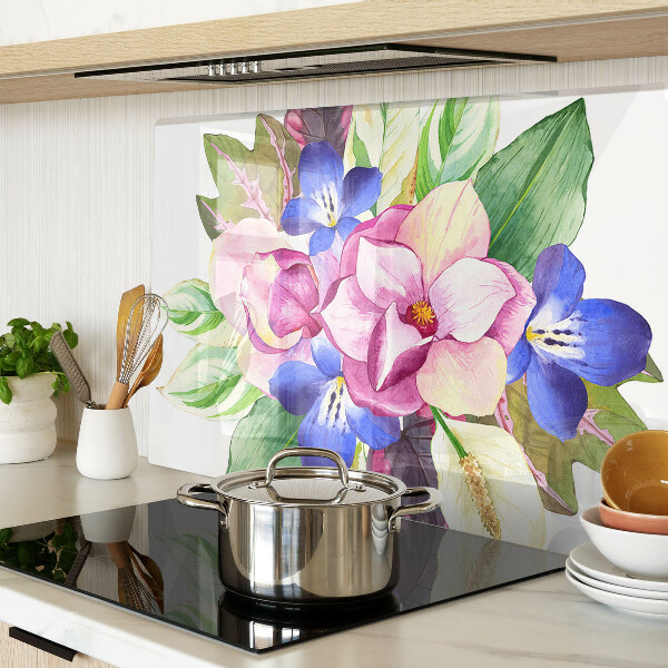 Tagliere in vetro temperato con motivo floreale con fiori rosa e blu