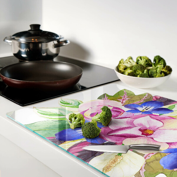 Tagliere in vetro temperato con motivo floreale con fiori rosa e blu