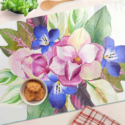 Tagliere in vetro temperato con motivo floreale con fiori rosa e blu