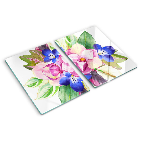 Tagliere in vetro temperato con motivo floreale con fiori rosa e blu