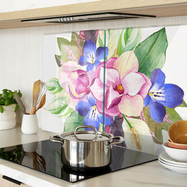 Tagliere in vetro temperato con motivo floreale con fiori rosa e blu