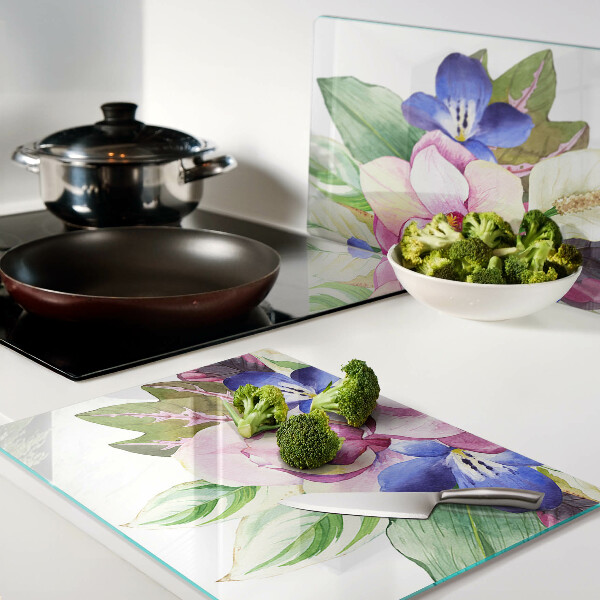 Tagliere in vetro temperato con motivo floreale con fiori rosa e blu