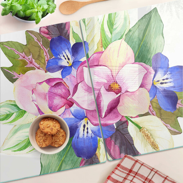 Tagliere in vetro temperato con motivo floreale con fiori rosa e blu