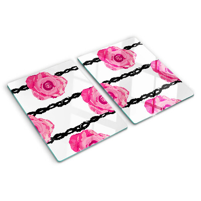 Tagliere in vetro con motivo di rose su sfondo con linee nere