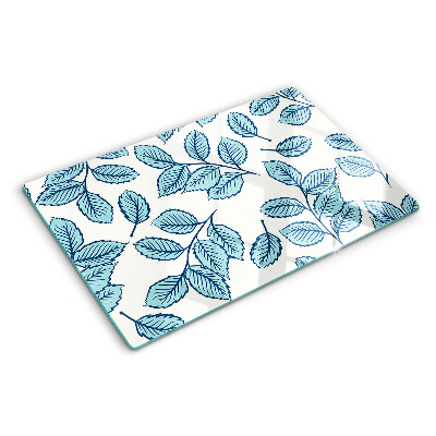 Tagliere in vetro temperato con decorazione a foglie nei toni del blu
