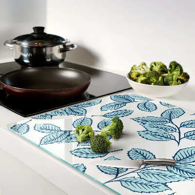 Tagliere in vetro temperato con decorazione a foglie nei toni del blu