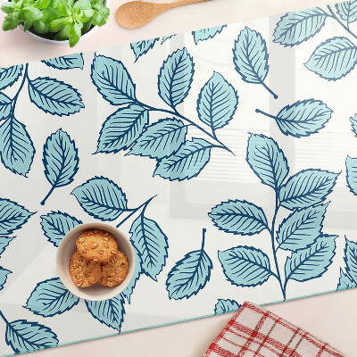 Tagliere in vetro temperato con decorazione a foglie nei toni del blu