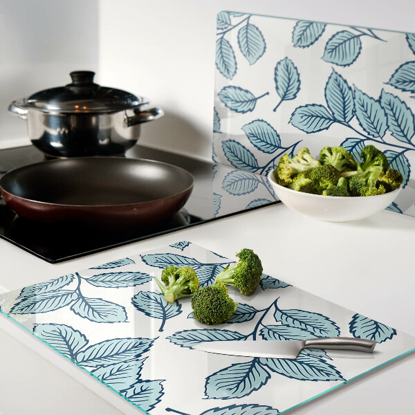 Tagliere in vetro temperato con decorazione a foglie nei toni del blu