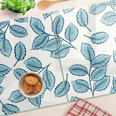Tagliere in vetro temperato con decorazione a foglie nei toni del blu
