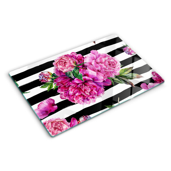 Tagliere in vetro con decorazione di fiori di peonia su motivo a strisce