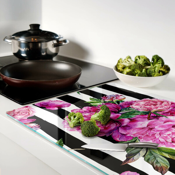 Tagliere in vetro con decorazione di fiori di peonia su motivo a strisce