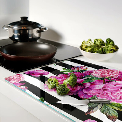 Tagliere in vetro con decorazione di fiori di peonia su motivo a strisce