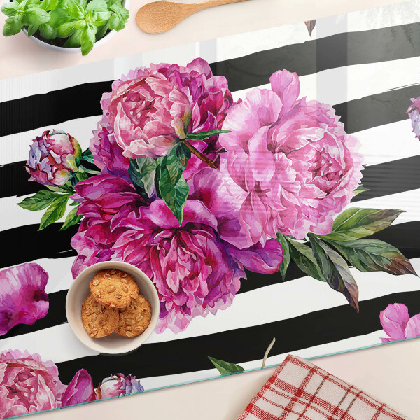 Tagliere in vetro con decorazione di fiori di peonia su motivo a strisce