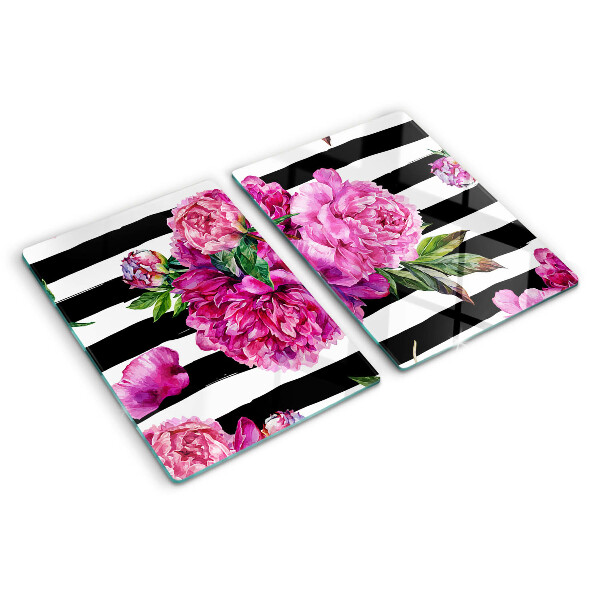 Tagliere in vetro con decorazione di fiori di peonia su motivo a strisce