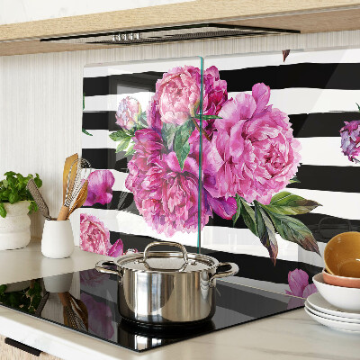 Tagliere in vetro con decorazione di fiori di peonia su motivo a strisce