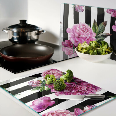 Tagliere in vetro con decorazione di fiori di peonia su motivo a strisce