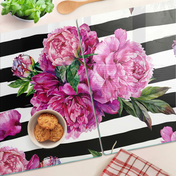 Tagliere in vetro con decorazione di fiori di peonia su motivo a strisce