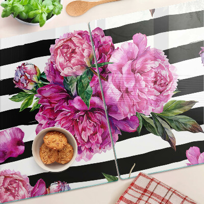 Tagliere in vetro con decorazione di fiori di peonia su motivo a strisce