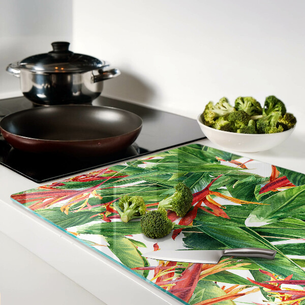 Tagliere in vetro temperato con motivo di foglie tropicali e fiori