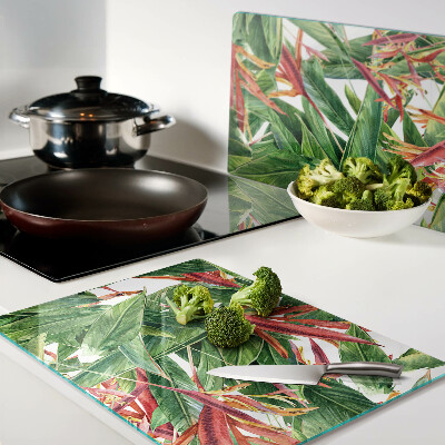 Tagliere in vetro temperato con motivo di foglie tropicali e fiori
