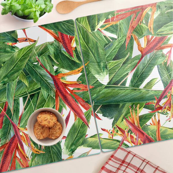Tagliere in vetro temperato con motivo di foglie tropicali e fiori
