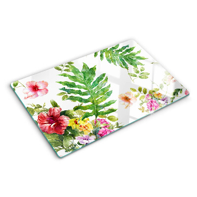 Tagliere in vetro con motivo floreale e foglie