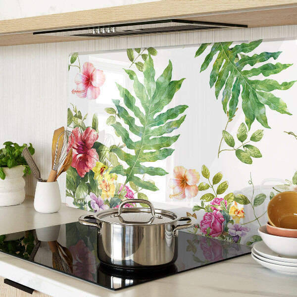 Tagliere in vetro con motivo floreale e foglie