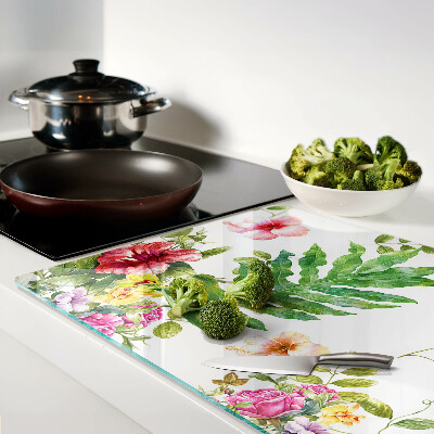 Tagliere in vetro con motivo floreale e foglie