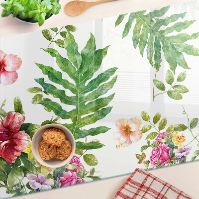 Tagliere in vetro con motivo floreale e foglie