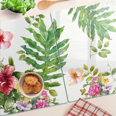 Tagliere in vetro con motivo floreale e foglie