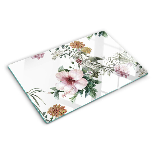 Tagliere in vetro temperato con motivo floreale a tema ibisco