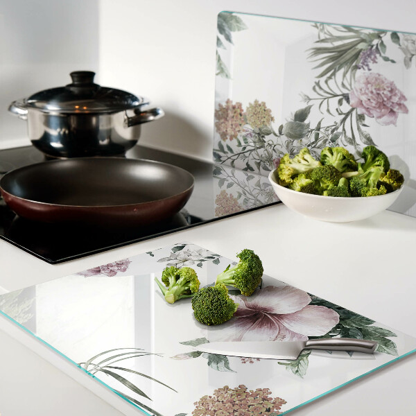 Tagliere in vetro temperato con motivo floreale a tema ibisco