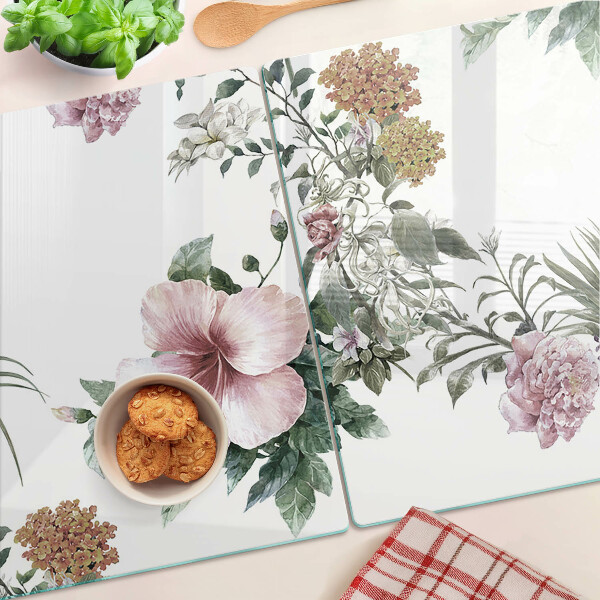 Tagliere in vetro temperato con motivo floreale a tema ibisco