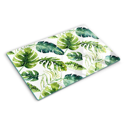 Tagliere in vetro temperato con motivo di foglie di monstera nei toni del verde