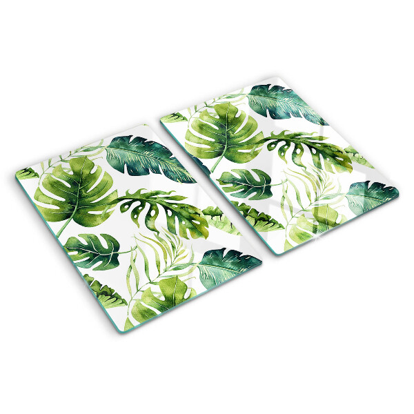 Tagliere in vetro temperato con motivo di foglie di monstera nei toni del verde